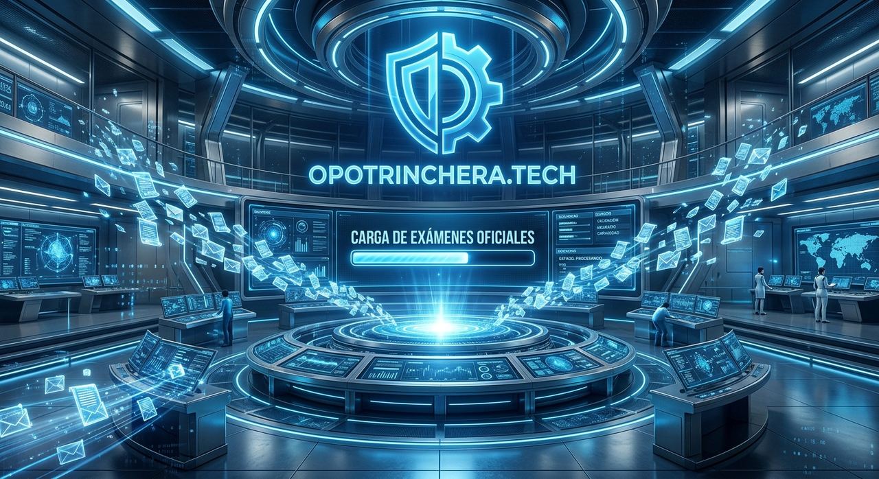 Sala de control futurista de Opotrinchera.tech representando la carga de exámenes oficiales del Servicio Andaluz de Salud