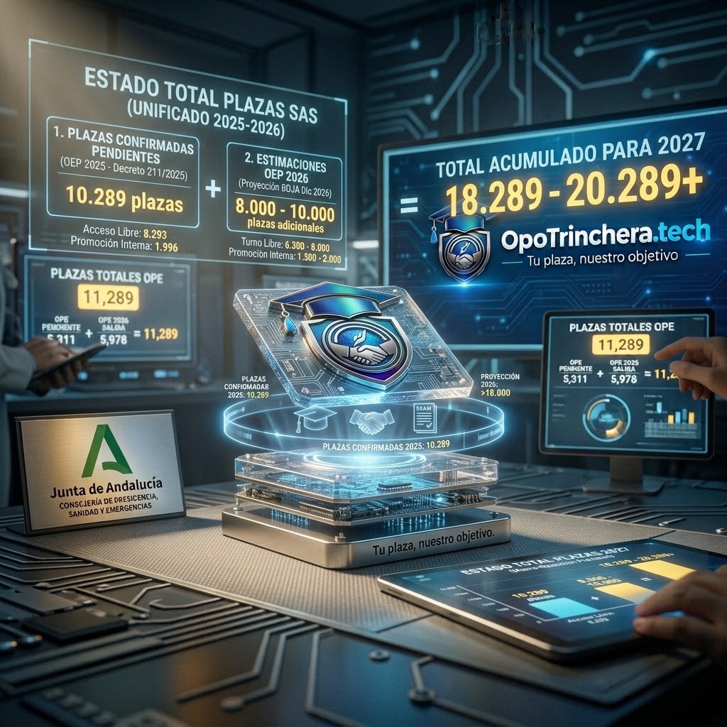 Infografía de OpoTrinchera.tech que muestra los datos de la unificación de las OPE 2025 y 2026 del SAS, con el título "ESTADO TOTAL PLAZAS SAS (UNIFICADO 2025-2026)", el logo de la Junta de Andalucía